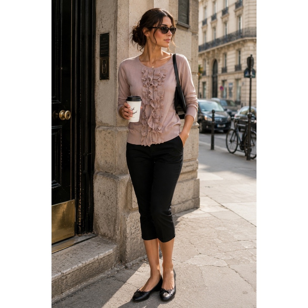 Ann Taylor  Mauve Pima Cotton Ruffle‎ Front Cardigan Sweater Coquette Parisian S